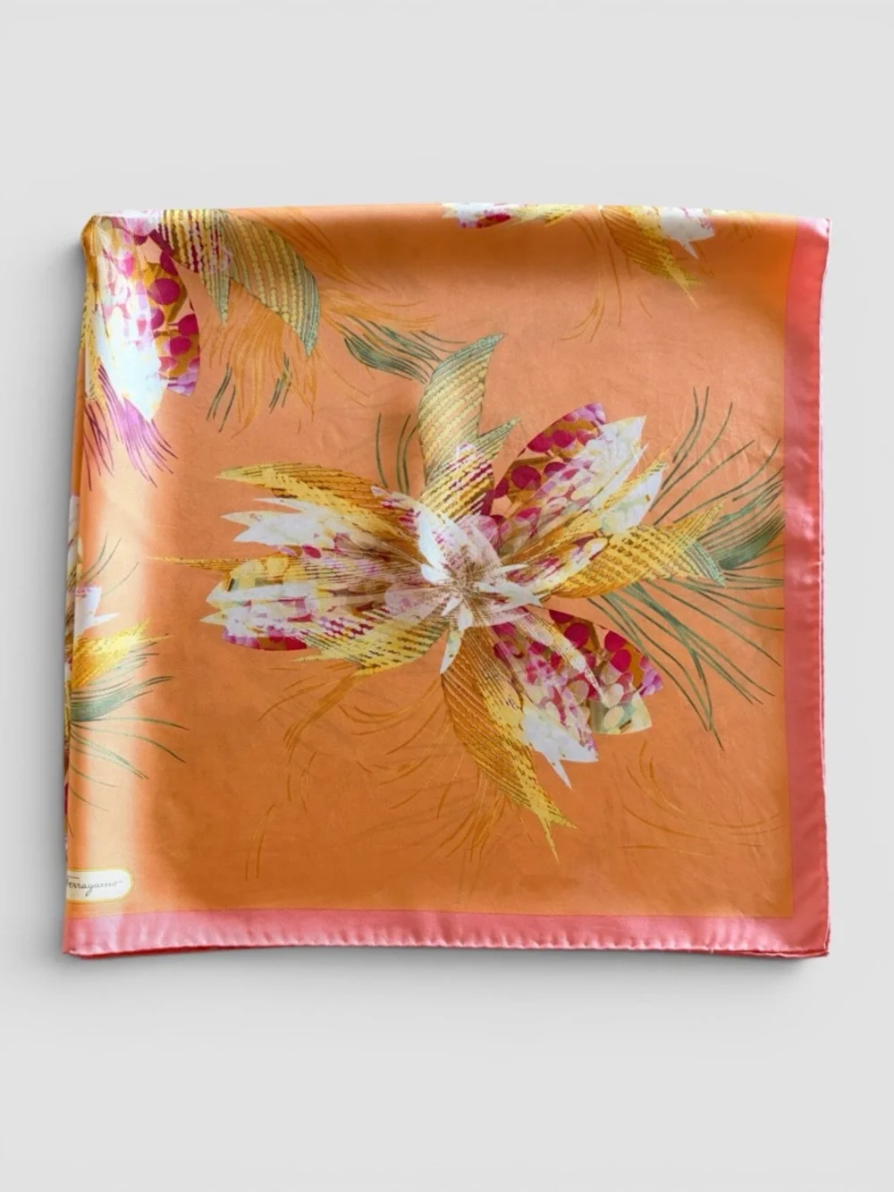 Salvatore Ferragamo Silk Scarf Orange Floral Print Square 34”